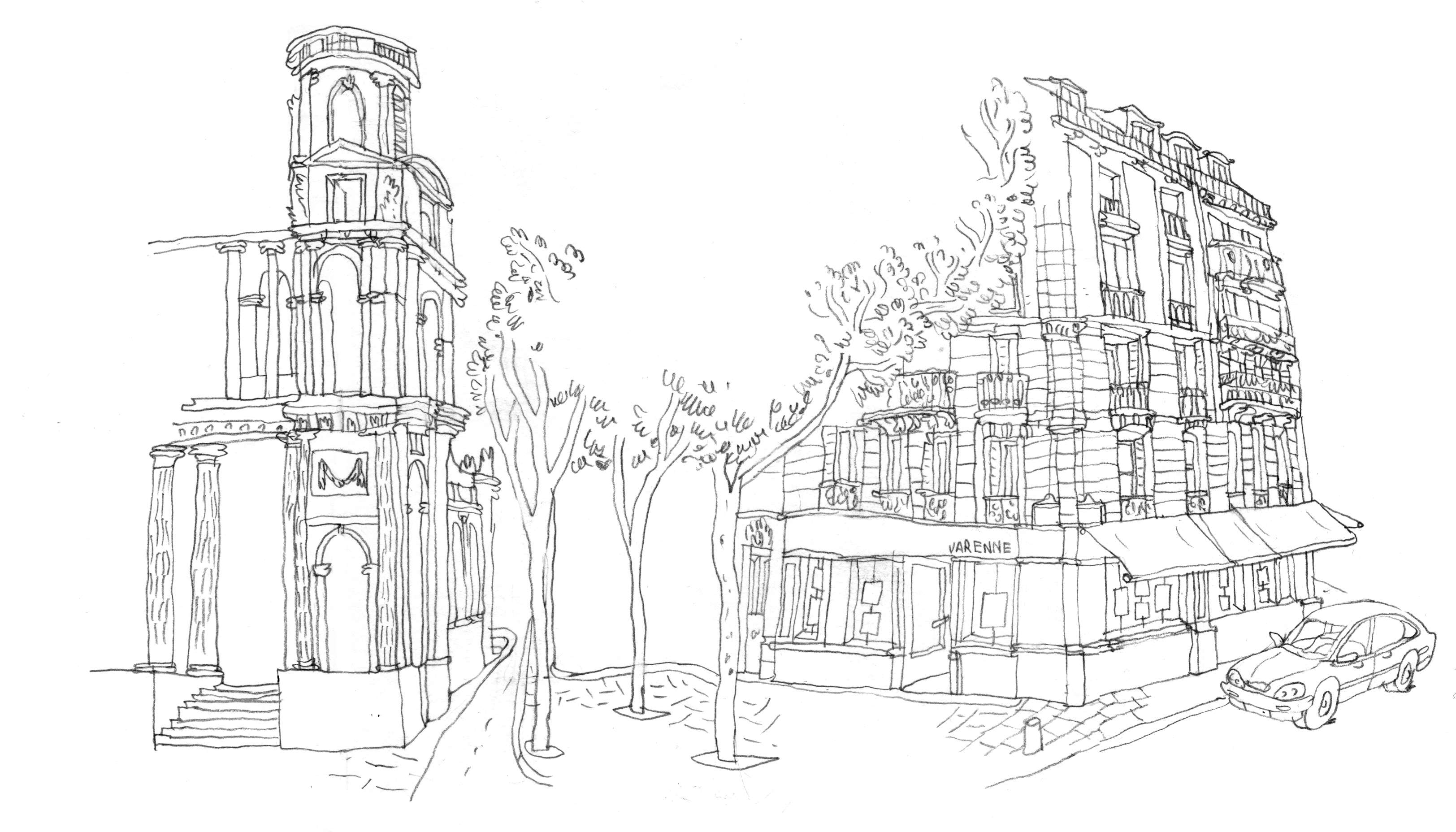 Dessin à la plume de l'agence Varenne Immobilier situé sur la place Saint Sulpice paris signé par Guillaume Reynard 