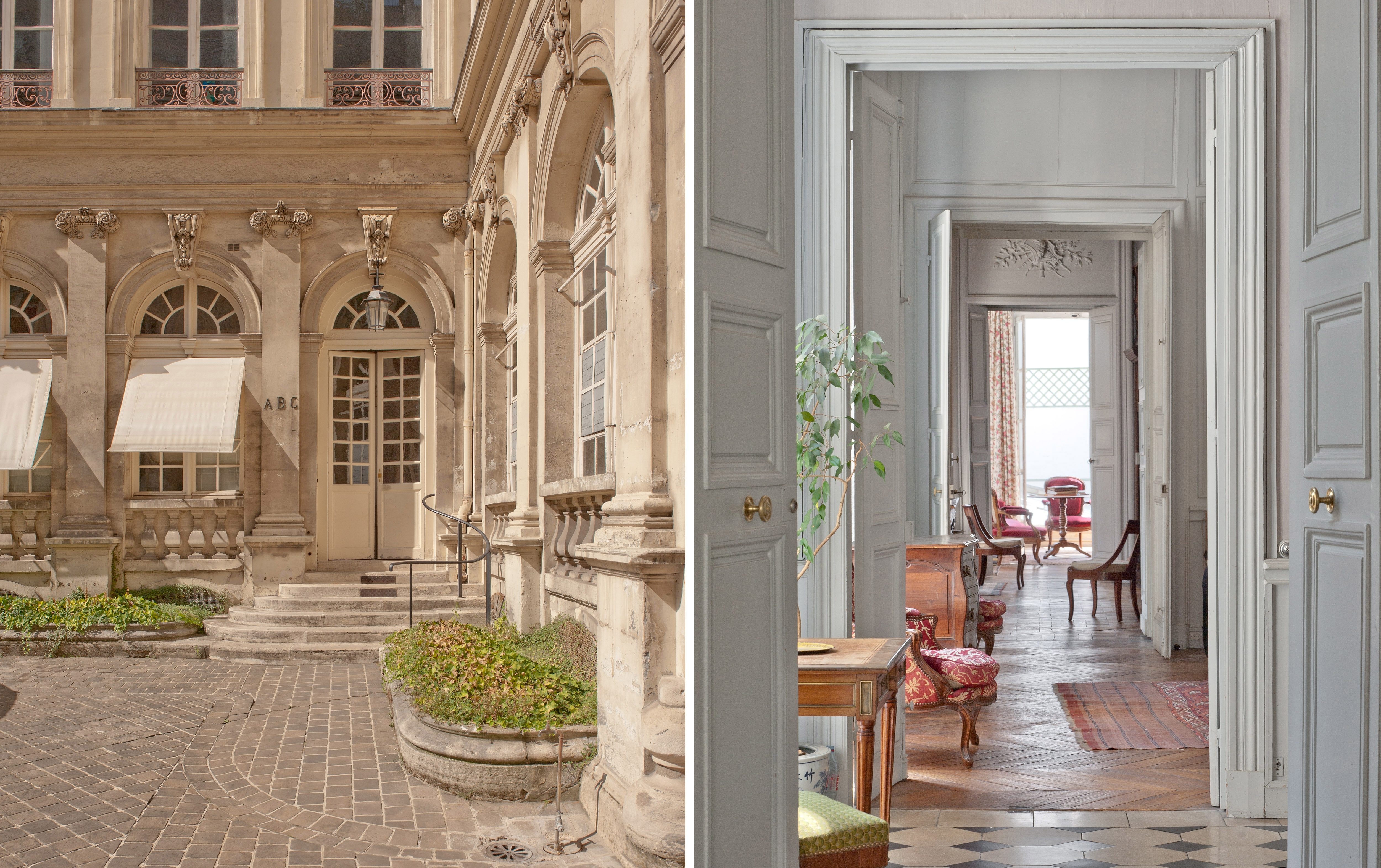 Photo diptyque cour interieur en pierre et stores avec jardinières et enfilades de pièces salon haussmanien parisien